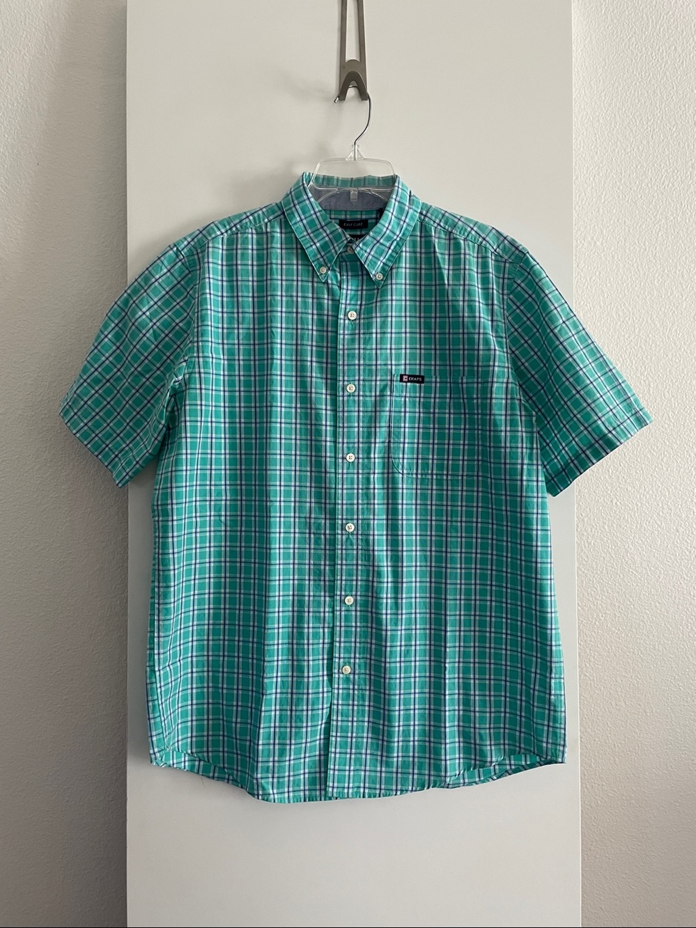 Chaps Easy Care Cotton Blend Button Down Short Sleeve Shirt Green/Blue Grid